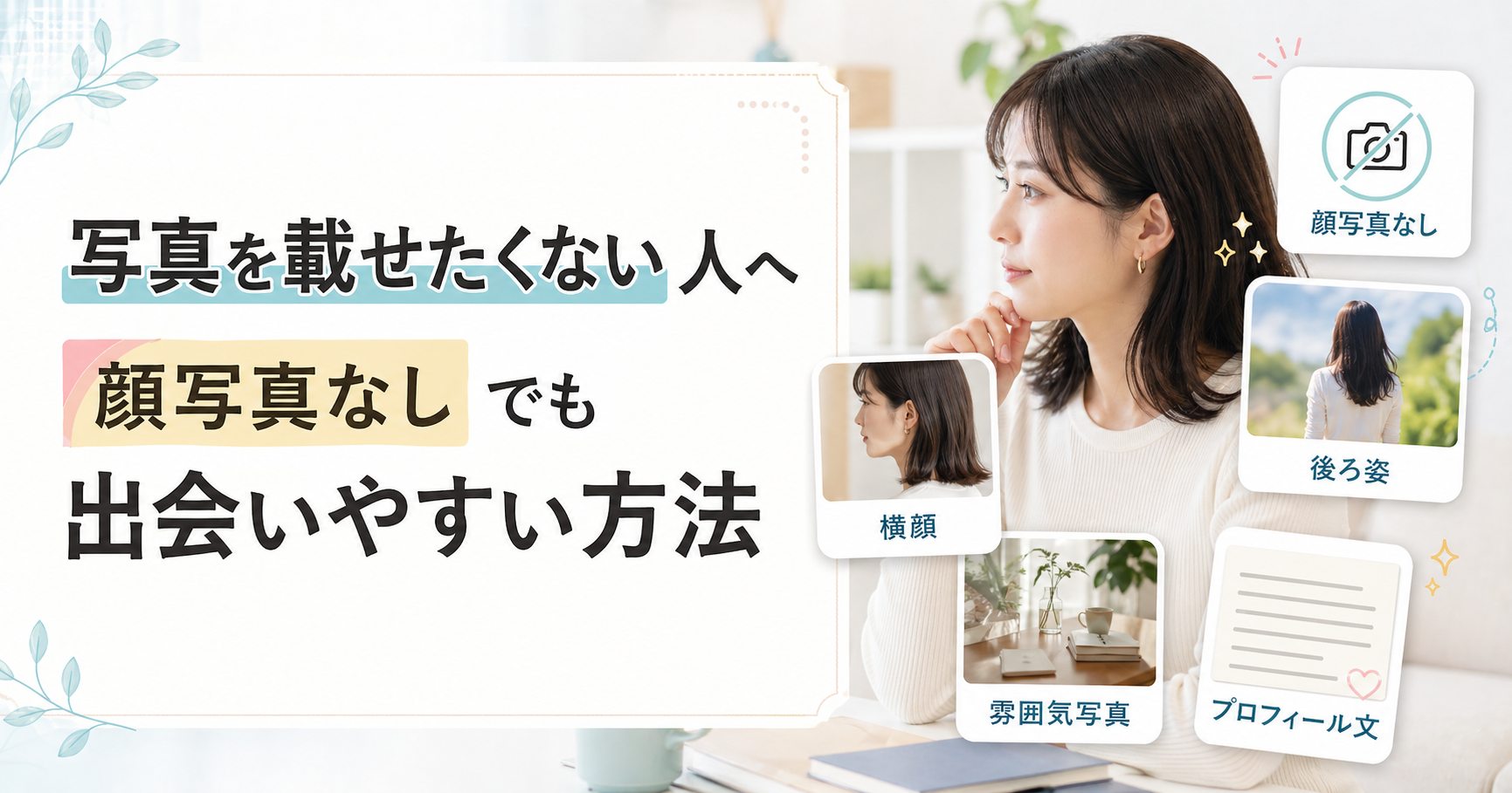 顔写真を載せたくない女性が、横顔・後ろ姿・雰囲気写真・プロフィール文で判断材料を補う方法を示したアイキャッチ