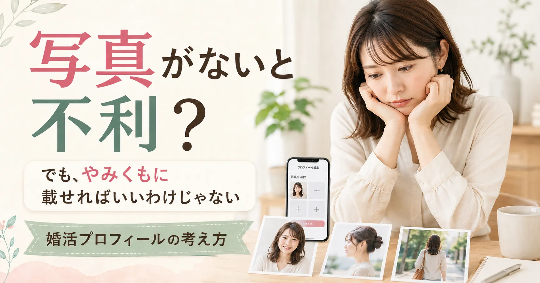 出会いサービスに載せる写真を選びながら、本当は顔写真を載せたくないと悩んでいる女性のアイキャッチ画像