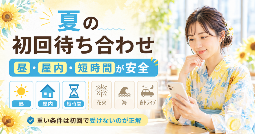 向日葵柄の明るい浴衣を着た女性がスマホを見ながら、夏の初回待ち合わせは昼・屋内・短時間が安全だと示すブログ用アイキャッチ画像