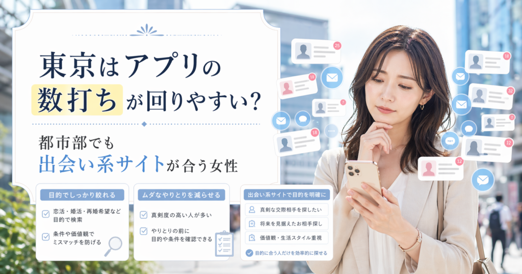 東京ではマッチングアプリの数打ちが回りやすいことを比較し、都市部でも出会い系サイトが合う女性を解説する記事のアイキャッチ画像