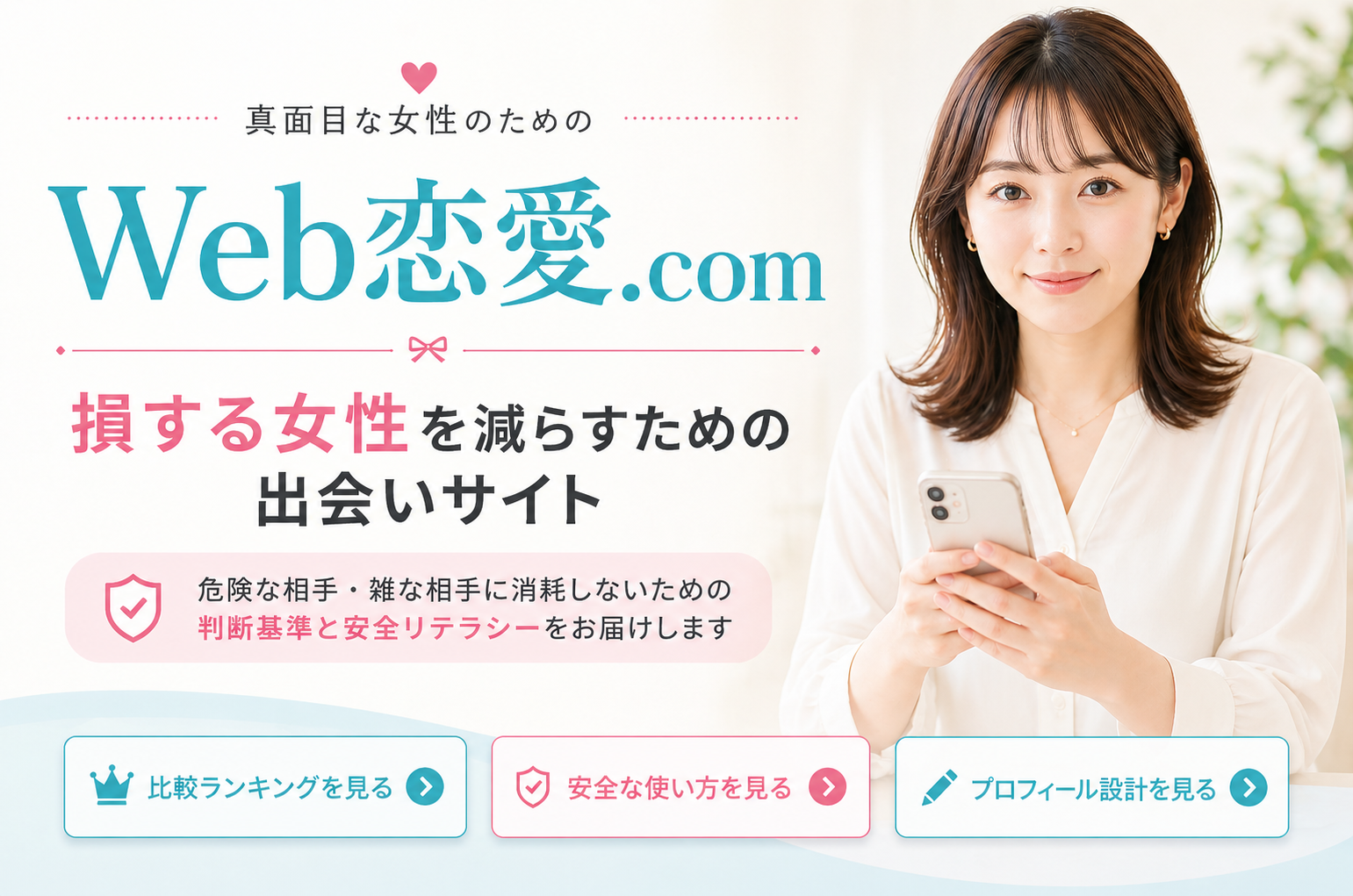 真面目な女性向けに安全な出会いの判断基準を解説するWeb恋愛.comのトップビジュアル