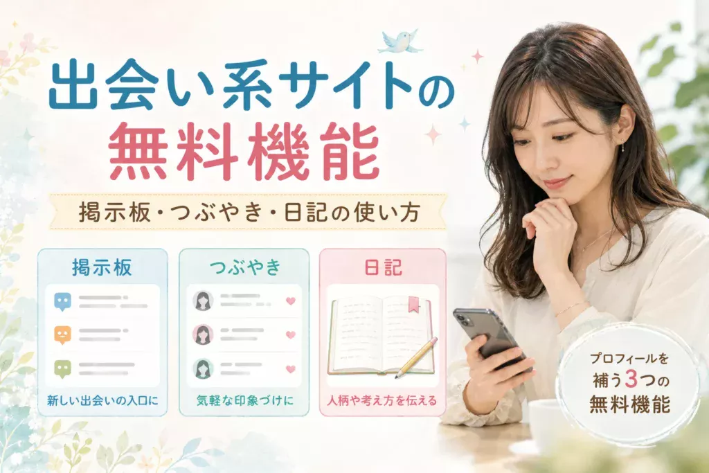 スマホを見るリアルな日本人女性と、出会い系サイトの無料機能である掲示板・つぶやき・日記の使い方を説明するアイキャッチ画像