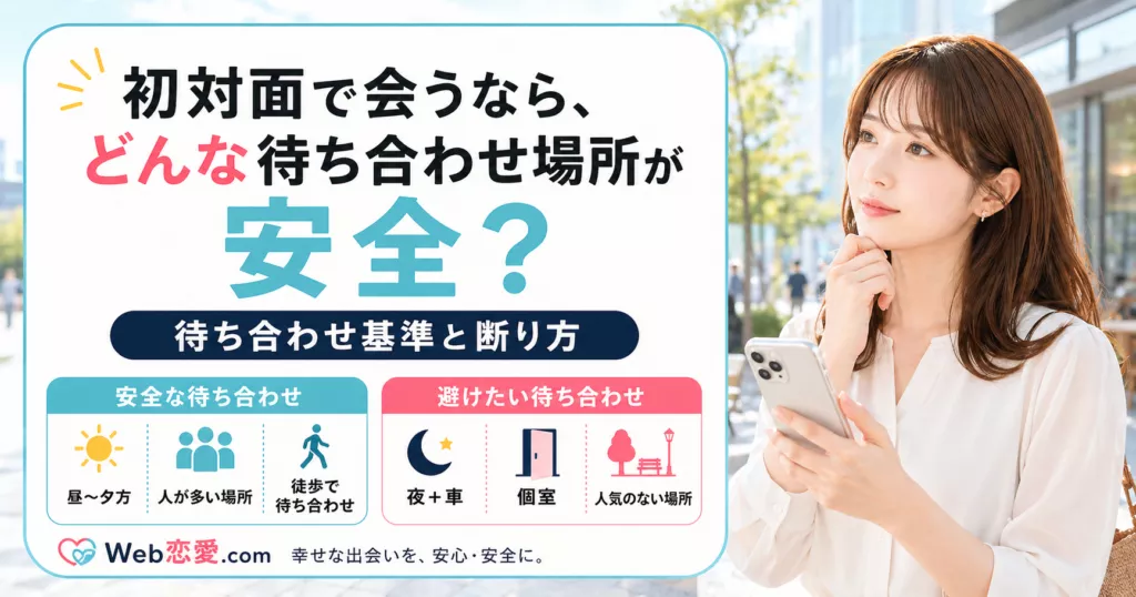 スマホを持つ女性が明るい駅前で初対面の待ち合わせ場所を確認し、安全な待ち合わせと避けたい待ち合わせを比較しているアイキャッチ