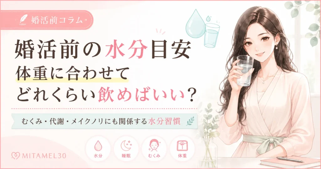 水を飲む日本人女性と「婚活前の水分目安｜体重に合わせてどれくらい飲めばいい？」というタイトルが入った、MITAMEL30の婚活前セルフケア記事アイキャッチ画像。