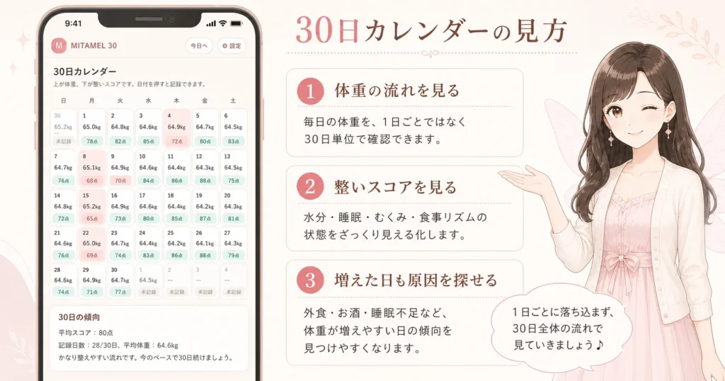 MITAMEL 30の30日カレンダーで体重と整いスコアの流れを確認する見方を説明した図解