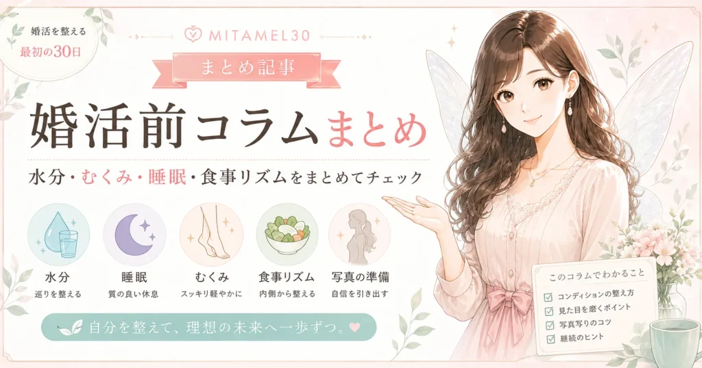 MITAMEL 30の婚活前コラムまとめを紹介するアイキャッチ画像。水分・むくみ・睡眠・食事リズムなどの記事を一覧で確認できることを表したイラスト
