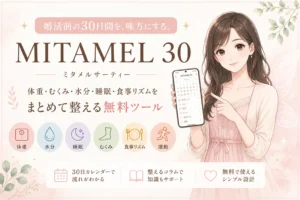 MITAMEL 30のアイキャッチ画像。婚活前30日で体重・むくみ・水分・睡眠・食事リズムを整える無料ツールを紹介するビジュアル