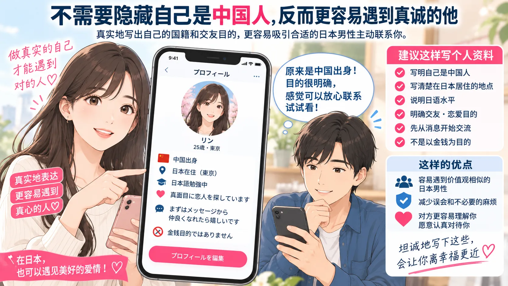 在日中国女性在日本交友网站个人资料中写明中国出身、日本居住和认真恋爱目的的示例