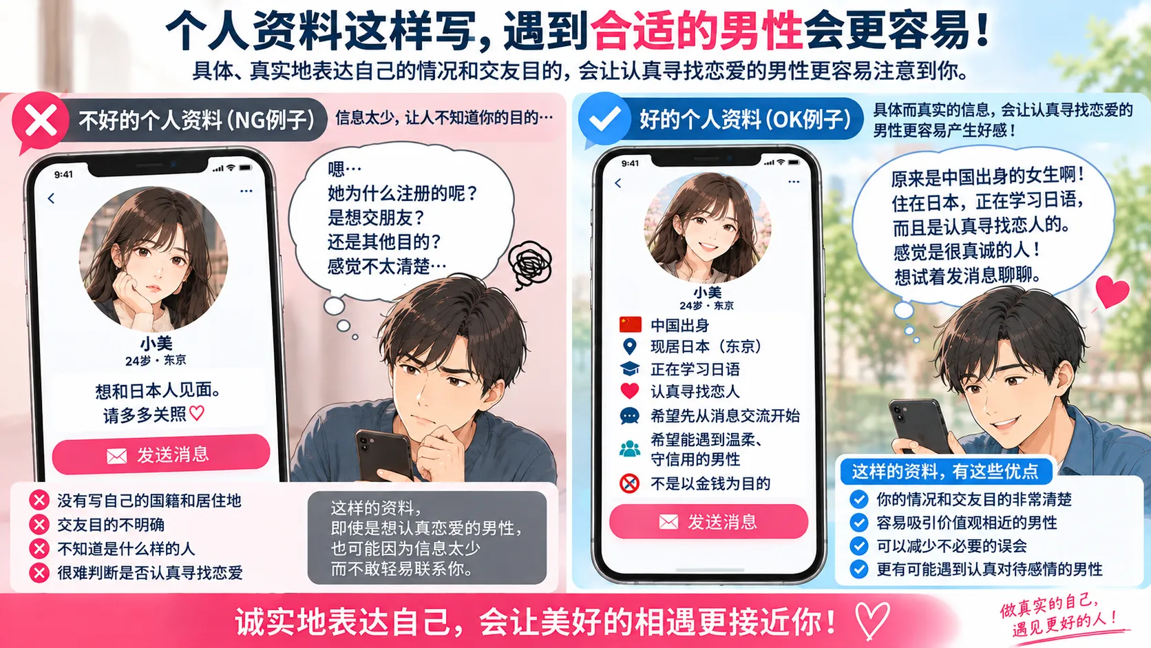 在日中国女性信息不足的交友资料和明确写出恋爱目的及希望对象的个人资料对比