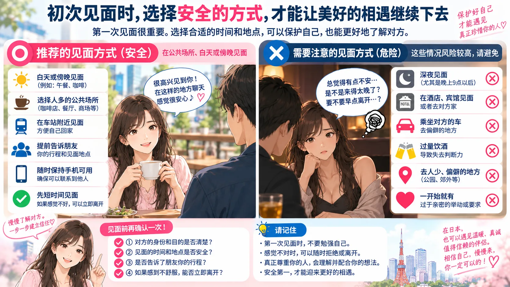 在日中国女性第一次和日本男性见面时适合选择的公共场所与应避免的高风险场景对比