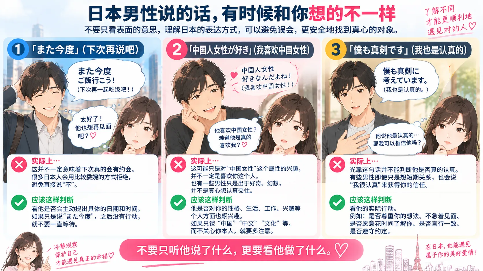 中国女性理解日本男性的又下次见、中国女性我喜欢和我也是认真的等表达时应观察实际行动的说明图
